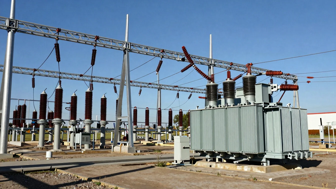 Crisp editorial industrial photography of a high-voltage electrical substation with aluminum busbars and heavy duty tran