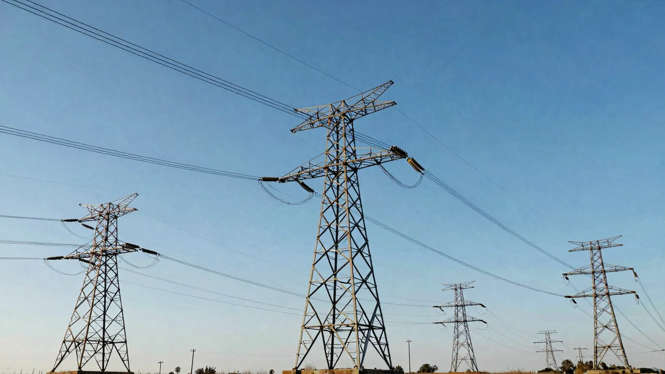 Grid transmission towers and steel lattice pylons stretching across clear blue skies under sharp direct sunlight.