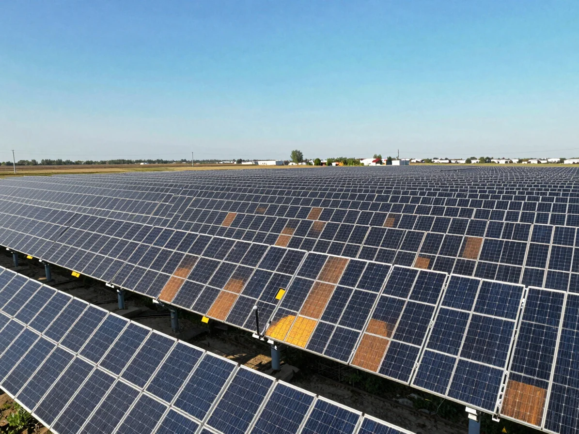 Geometric overhead aerial view of large-scale solar farm arrays under crisp direct sunlight, structural silicon modules,