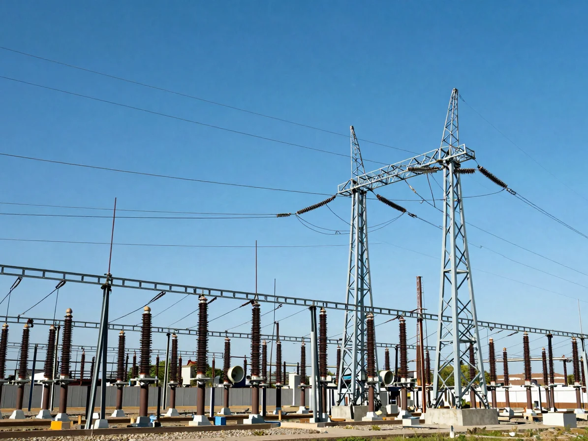 Industrial high-voltage electrical substation and transmission towers against a clear blue sky, crisp architectural line