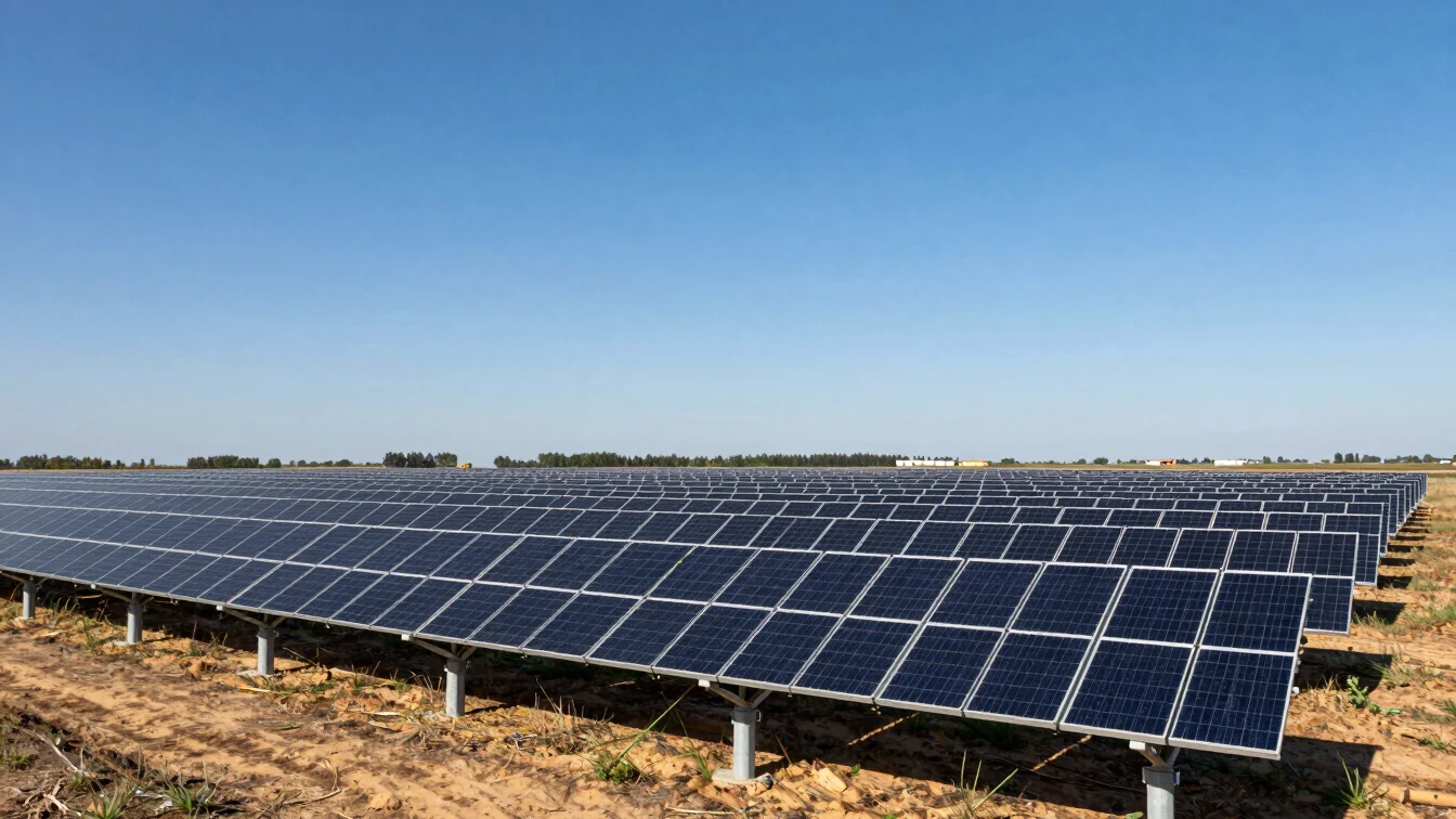Wide environmental landscape of structural silicon photovoltaic rows stretching toward the horizon under high-noon contr